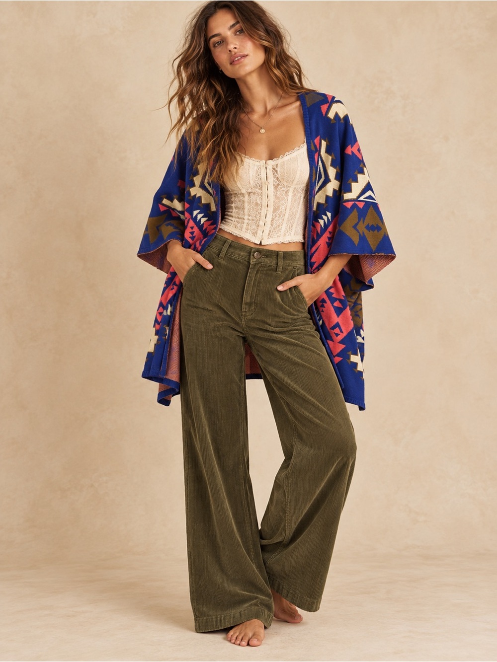Flying Tomato Blue Aztec Open-Front Cardigan with Pink and Cream Accents